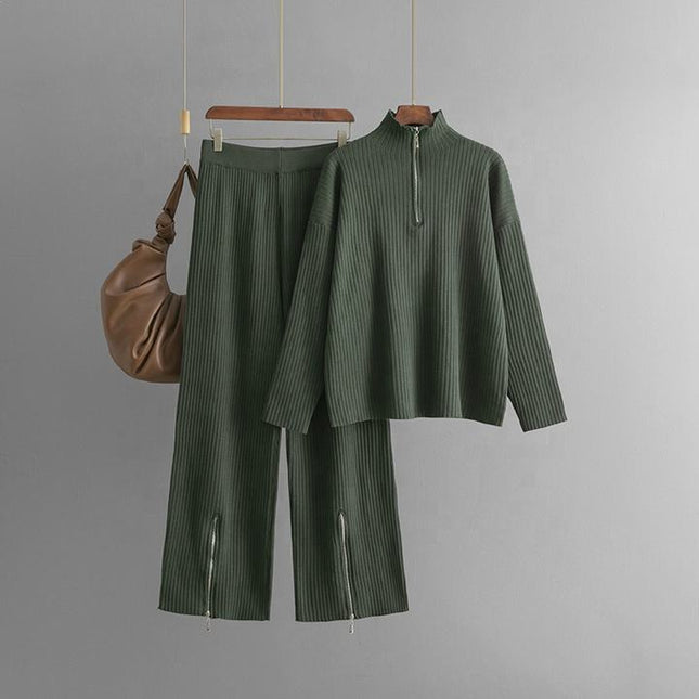 Stand Collar Long Sleeve Fashion Set Women's Autumn Winter Plain Loose Knit Sweater Two-piece Set