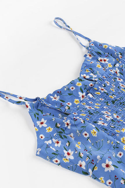 Blue Color Front Slit Spaghetti Strap Floral Print Casual Fashion slip Dress for Women