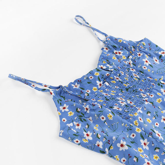 Blue Color Front Slit Spaghetti Strap Floral Print Casual Fashion slip Dress for Women