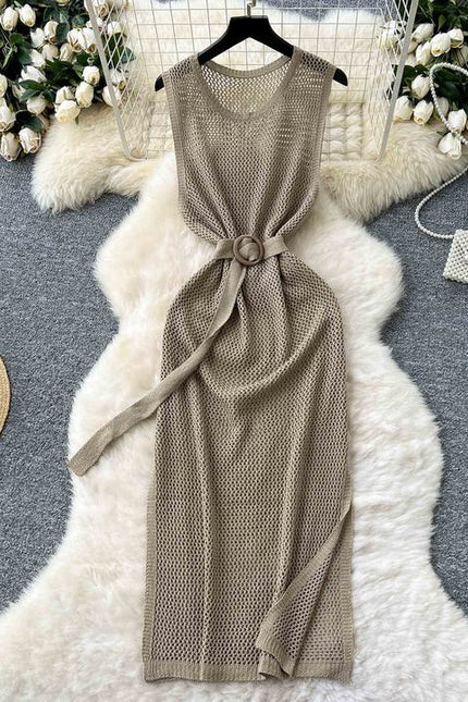 Outer Layered Skeleton See-through Mesh Knit Dress Women Summer Round Neck Sleeveless Vest Dresses