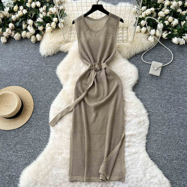 Outer Layered Skeleton See-through Mesh Knit Dress Women Summer Round Neck Sleeveless Vest Dresses