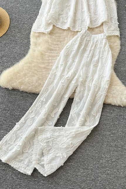 Women's Fashion Wrinkle Large Size Long Sleeve Shirt High Waist Wide Leg Trouser Set