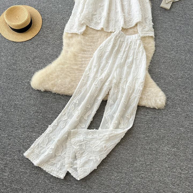 Women's Fashion Wrinkle Large Size Long Sleeve Shirt High Waist Wide Leg Trouser Set