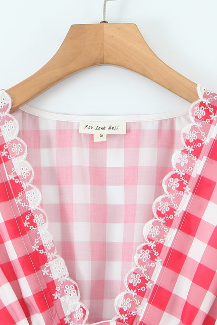 V Neck Buttons up Red White Color Plaid Print Sleeveless Casual Fashion Summer Cotton Mini Dress for Women