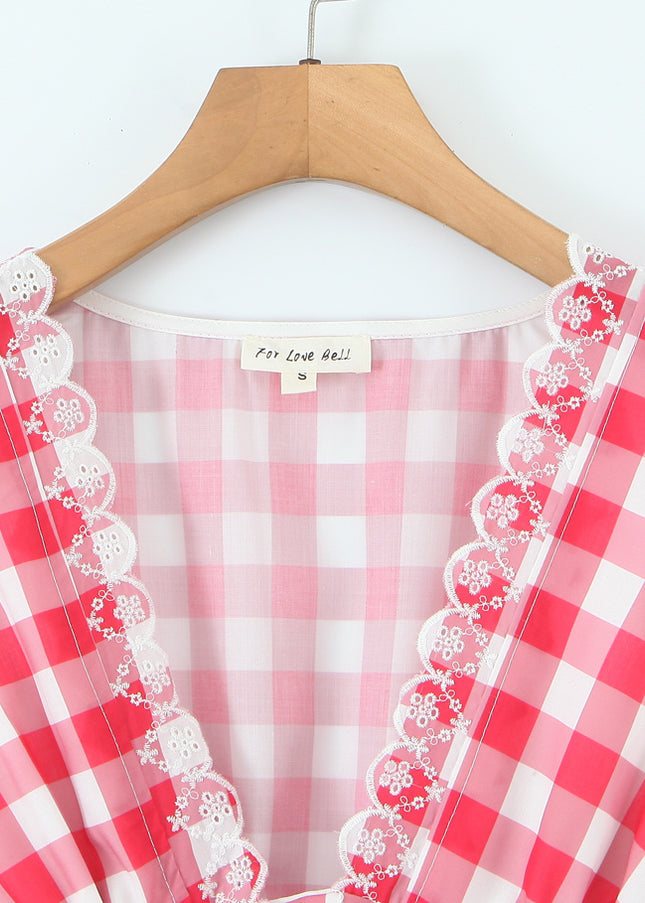 V Neck Buttons up Red White Color Plaid Print Sleeveless Casual Fashion Summer Cotton Mini Dress for Women