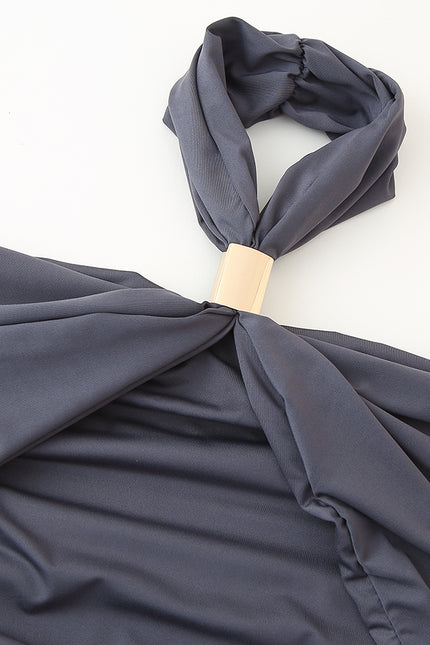 Gray Color Pleated Back Hollow Out Sleeveless Casual Fashion Long Dress for Women