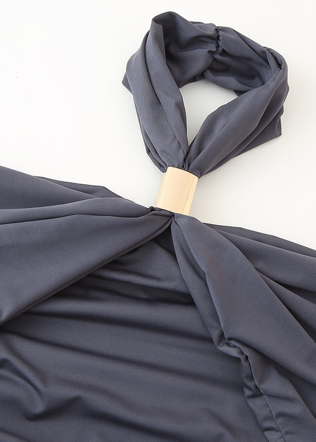 Gray Color Pleated Back Hollow Out Sleeveless Casual Fashion Long Dress for Women