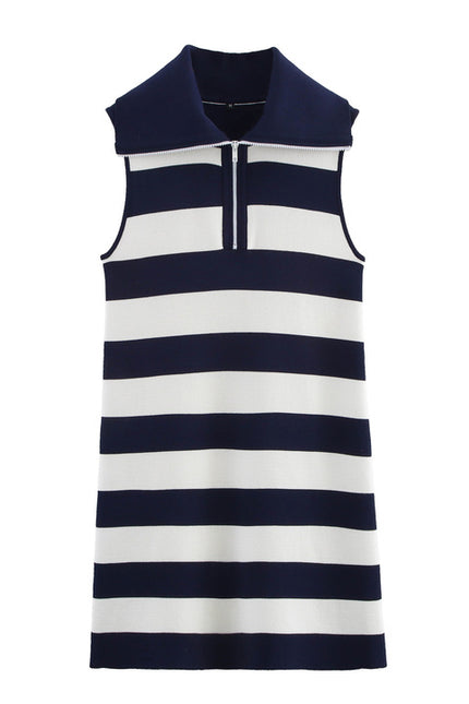 Turn Down Collar Zipper Fly Striped Pattern Navy White Color Sleeveless Casual Fashion Mini Knit Dress for Women