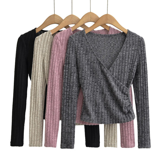 4 Colorway v Neck Long Sleeve Solid Color Casual Fashion Women t Shirt