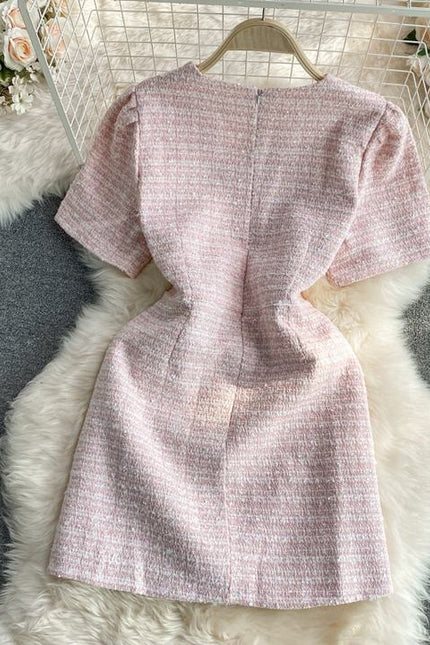 Summer Korean Version of the Round Neck Single-Breasted Elegant Short Sleeve Mini Dresses