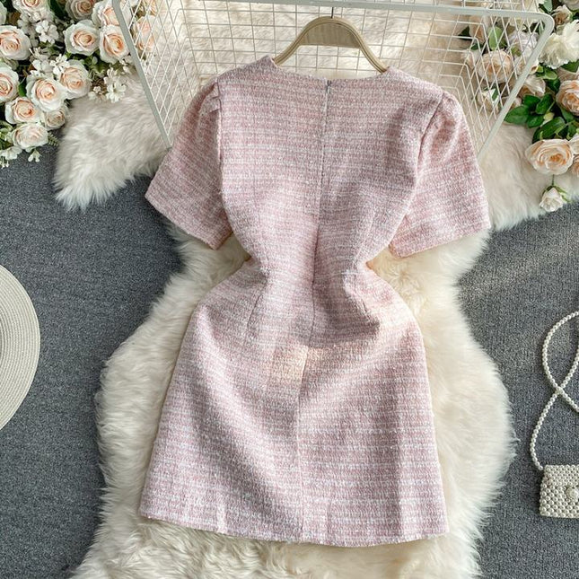 Summer Korean Version of the Round Neck Single-Breasted Elegant Short Sleeve Mini Dresses