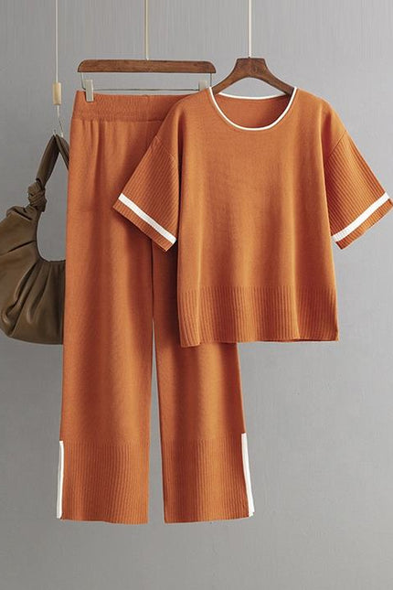 Women's New Fashion Casual Suit Color Contrast Short Sleeve Wide Leg Pants Long Pants Slit Two-piece Set