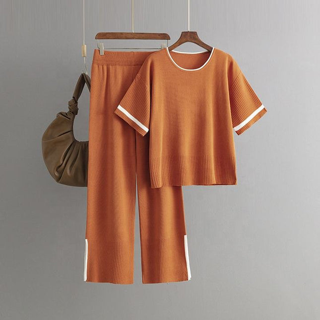 Women's New Fashion Casual Suit Color Contrast Short Sleeve Wide Leg Pants Long Pants Slit Two-piece Set