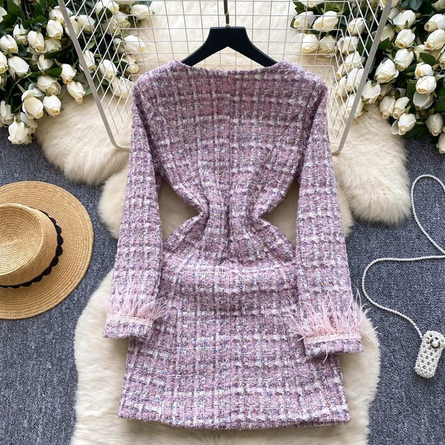New Arrivals French Tweed Dress Women V-Neck Splicing Slim Short Mini Dresses for Ladies