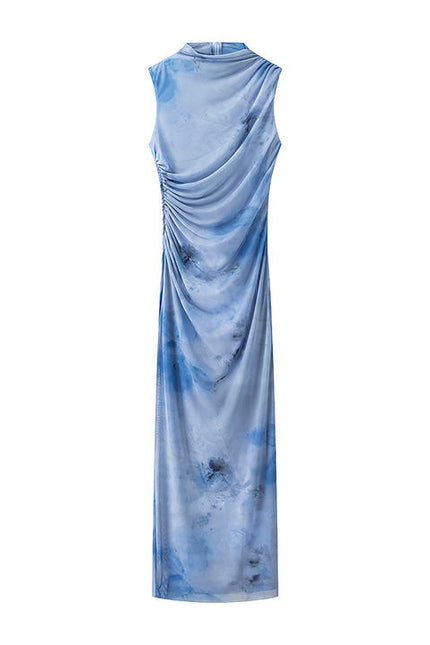 Crew Neck Pleated Sleeveless Blue Color Back Zipper Fly Casual Fashion Maxi Mesh Dress for Women