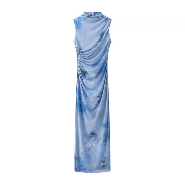 Crew Neck Pleated Sleeveless Blue Color Back Zipper Fly Casual Fashion Maxi Mesh Dress for Women