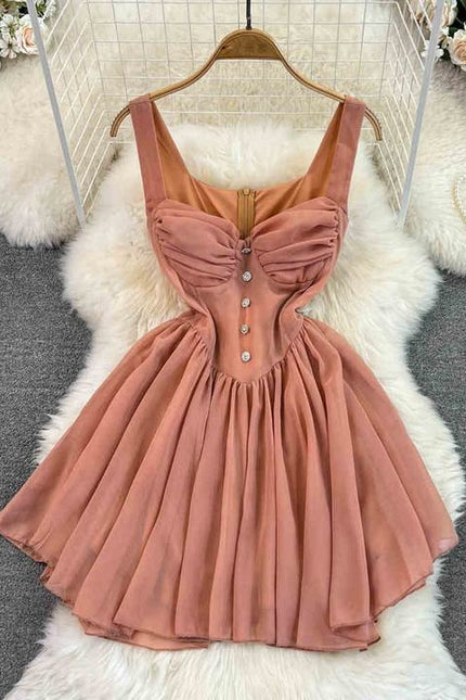 Verão A linha Vestido Curto Sem Mangas Cor Sólida Cintura Alta Deslizamento Sexy Dress