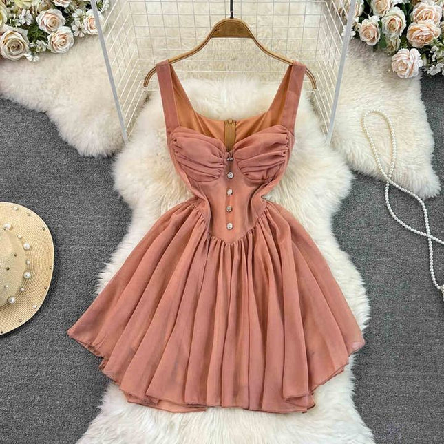 Verão A linha Vestido Curto Sem Mangas Cor Sólida Cintura Alta Deslizamento Sexy Dress