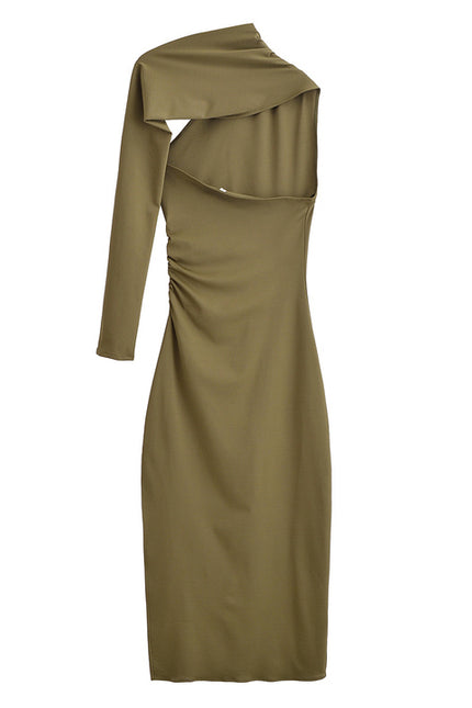 Long Sleeve Hollow Out Green Color Asymmetrical Design Casual Fashion Summer Dress for Women