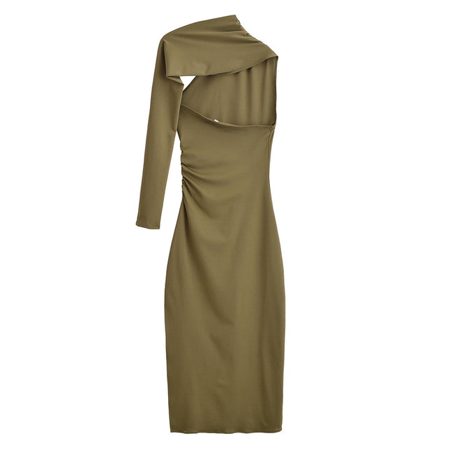 Long Sleeve Hollow Out Green Color Asymmetrical Design Casual Fashion Summer Dress for Women