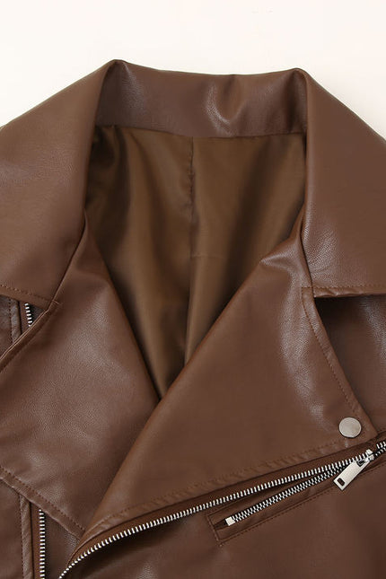 2 Colorway Notched Collar Long Sleeve Solid Color Zipper Fly Casual Fashion PU Leather Motorcycle Jacket for Women