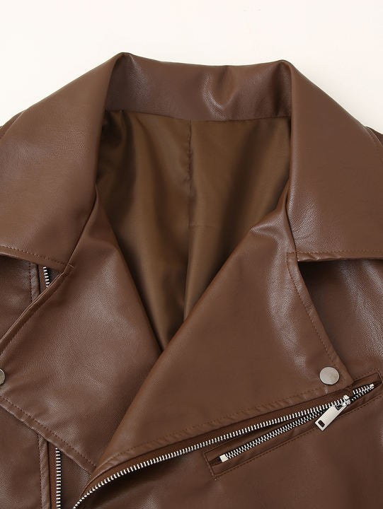 2 Colorway Notched Collar Long Sleeve Solid Color Zipper Fly Casual Fashion PU Leather Motorcycle Jacket for Women