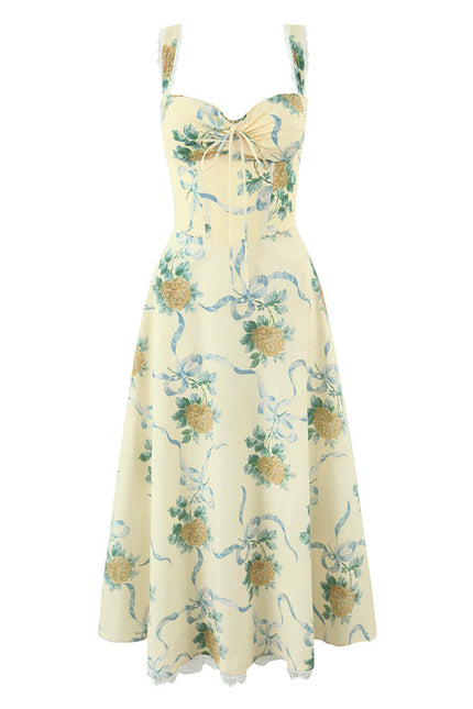 2 Colorway Floral Print Shoulder Strap Front Lace up Casual Fashion Summer Cotton Long slip Dress for Women