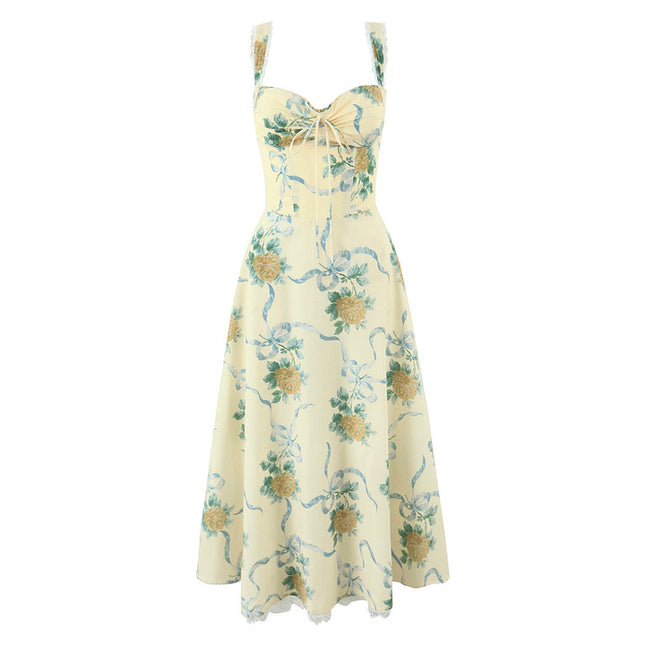 2 Colorway Floral Print Shoulder Strap Front Lace up Casual Fashion Summer Cotton Long slip Dress for Women