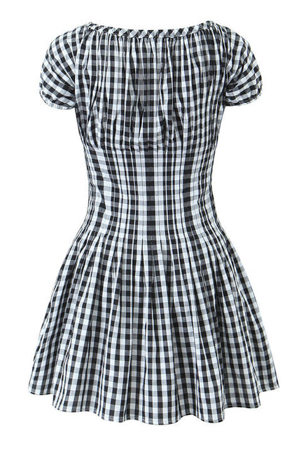 Crew Neck Short Sleeve Black White Color Plaid Print Hot Sale Casual Fashion Mini Dress for Women