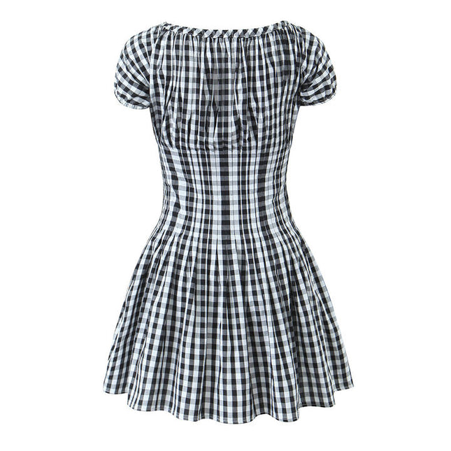 Crew Neck Short Sleeve Black White Color Plaid Print Hot Sale Casual Fashion Mini Dress for Women