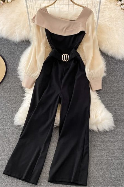 Fashion Long Sleeve Ruffle Women Spring Autumn High Waist Straight Wide Leg Jumpsuit