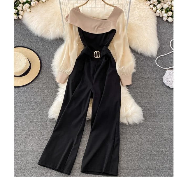 Fashion Long Sleeve Ruffle Women Spring Autumn High Waist Straight Wide Leg Jumpsuit