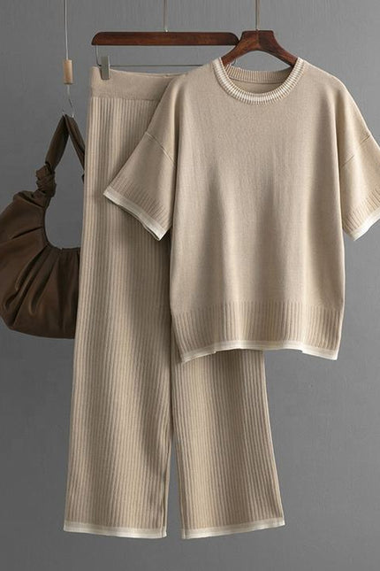 Fashion Women's Loose Sweater Top High Waist Thin Wide Leg Pants Two-piece Set Womens Cotton Knit Pant Sets