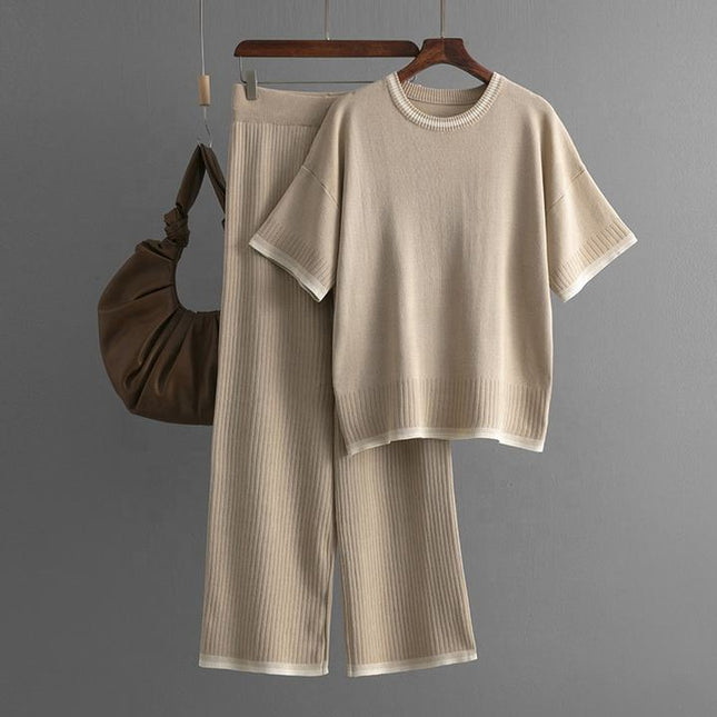 Fashion Women's Loose Sweater Top High Waist Thin Wide Leg Pants Two-piece Set Womens Cotton Knit Pant Sets