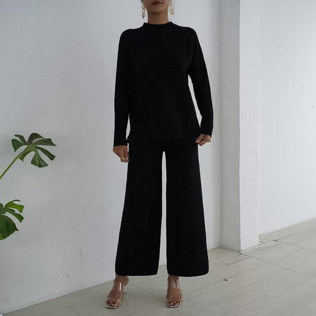 Lazy Style Pullover With Split Long Sleeves Knitted Autumn and Winter Sweater Two-piece Set High Waisted Casual Wide Leg Pants