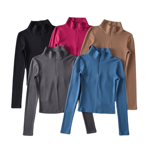 Turtleneck Collar Solid Color Long Sleeve Zipper Fly Casual Women t Shirt