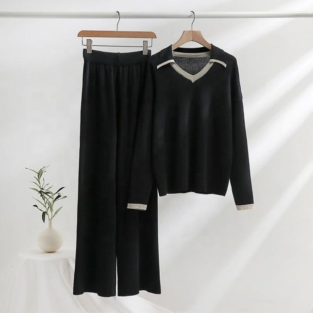 Casual Loose 2 Piece Set for Women V-neck Top High Waist Knitted Dress Set Jogging Suits Wholesale