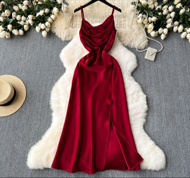 Summer Women Halter Sleeveless Split Sexy Elegant Satin Long Gowns Dresses