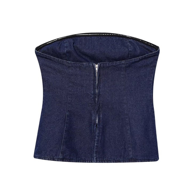 Denim Blue Color Strapless Back Zipper Fly Hot Sale Casual Fashion Jeans Crop tank Top for Women