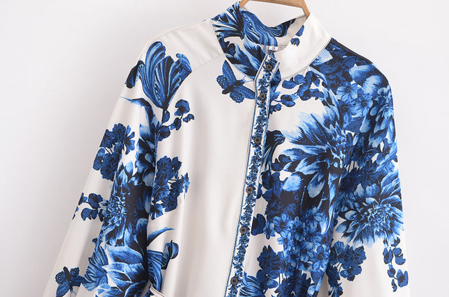 Turn Down Collar Floral Print Beige Blue Color Sashes Casual Fashion Mini Dress for Women