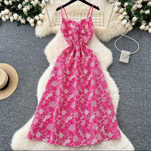French Premium Embroidery Hollow Out Backless Halter Vacation Elegant Long Dresses for Women