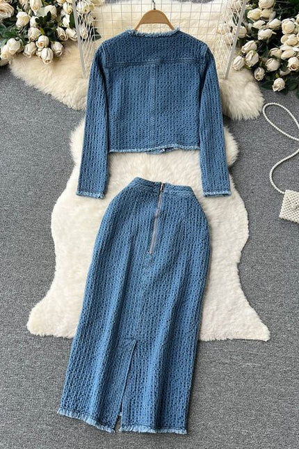Autumn Fragrant Style Celebrity Denim Set Women's Short Denim Coat and Split Half Skirt Two Piece Set