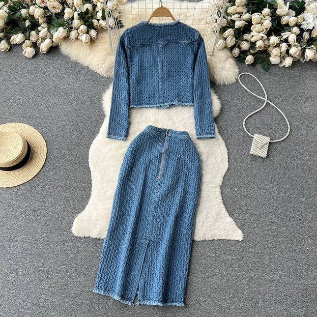 Autumn Fragrant Style Celebrity Denim Set Women's Short Denim Coat and Split Half Skirt Two Piece Set
