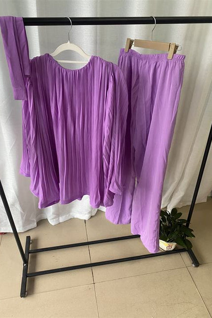 Hot Sale Women'S Suit New Fashion Tie Pleated Loose Top Wide Leg Trousers Two 2 Piece Pants Set Women Clothing