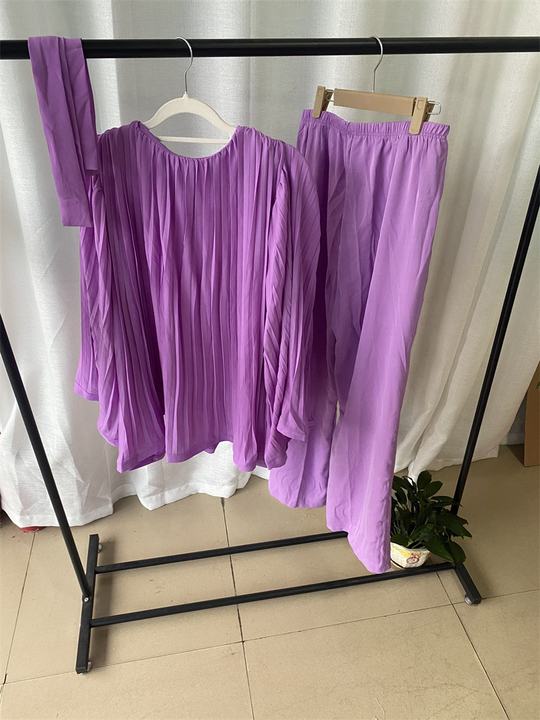 Hot Sale Women'S Suit New Fashion Tie Pleated Loose Top Wide Leg Trousers Two 2 Piece Pants Set Women Clothing