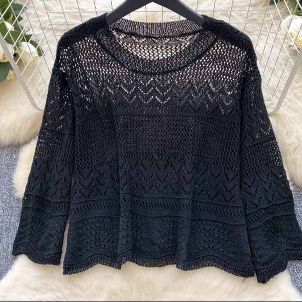 Two-piece Set Gentle Women Versatile Outfit Round-neck Short Sleeve Knitted Top Hollow-out Crocheted Hip-hugging Pencil Skirt