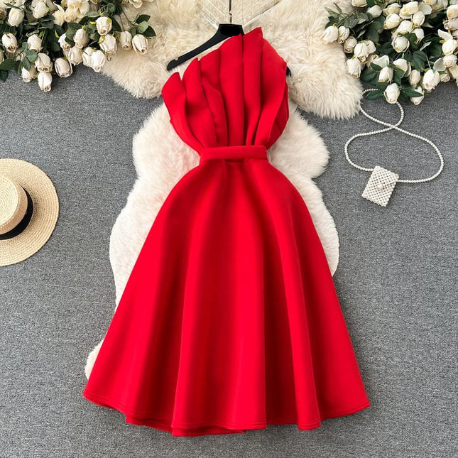 Wholesale Summer Temperament Backless Oblique Neck Single Shoulder Slim Slim Sleeveless Air Layer A-line Dress