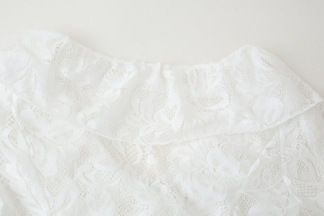 V Neck White Color Floral Lace Front Ruffle Long Sleeve Casual Fashion Tops Blouse for Women