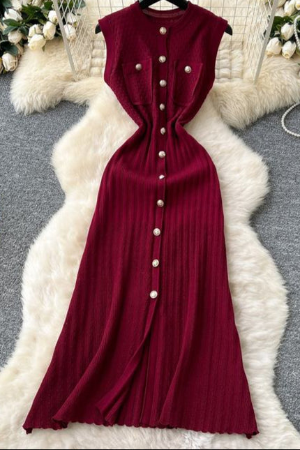 Round Neck Sleeveless Metal Buckle Slim Fit and Slimming Knitted Dress for Women Summer New Style