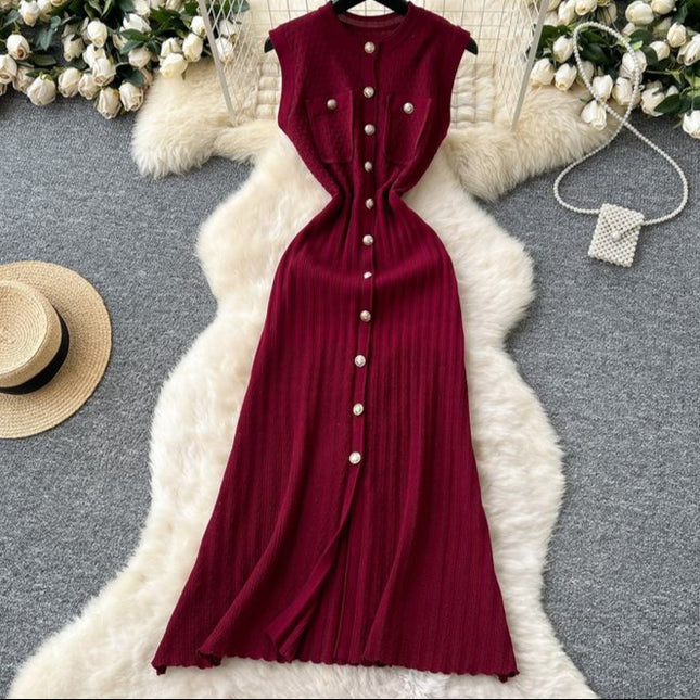 Round Neck Sleeveless Metal Buckle Slim Fit and Slimming Knitted Dress for Women Summer New Style
